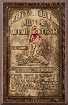 1937 Russ Saunders USC All Time Trojan Football Team Recognition Award with Tommy Trojan Likeness & Two 8 x 10 Photographs
